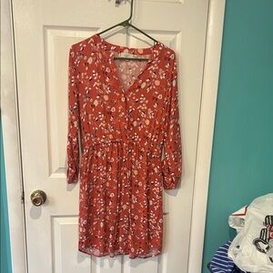 LOFT Red Floral Long Sleeve Dress